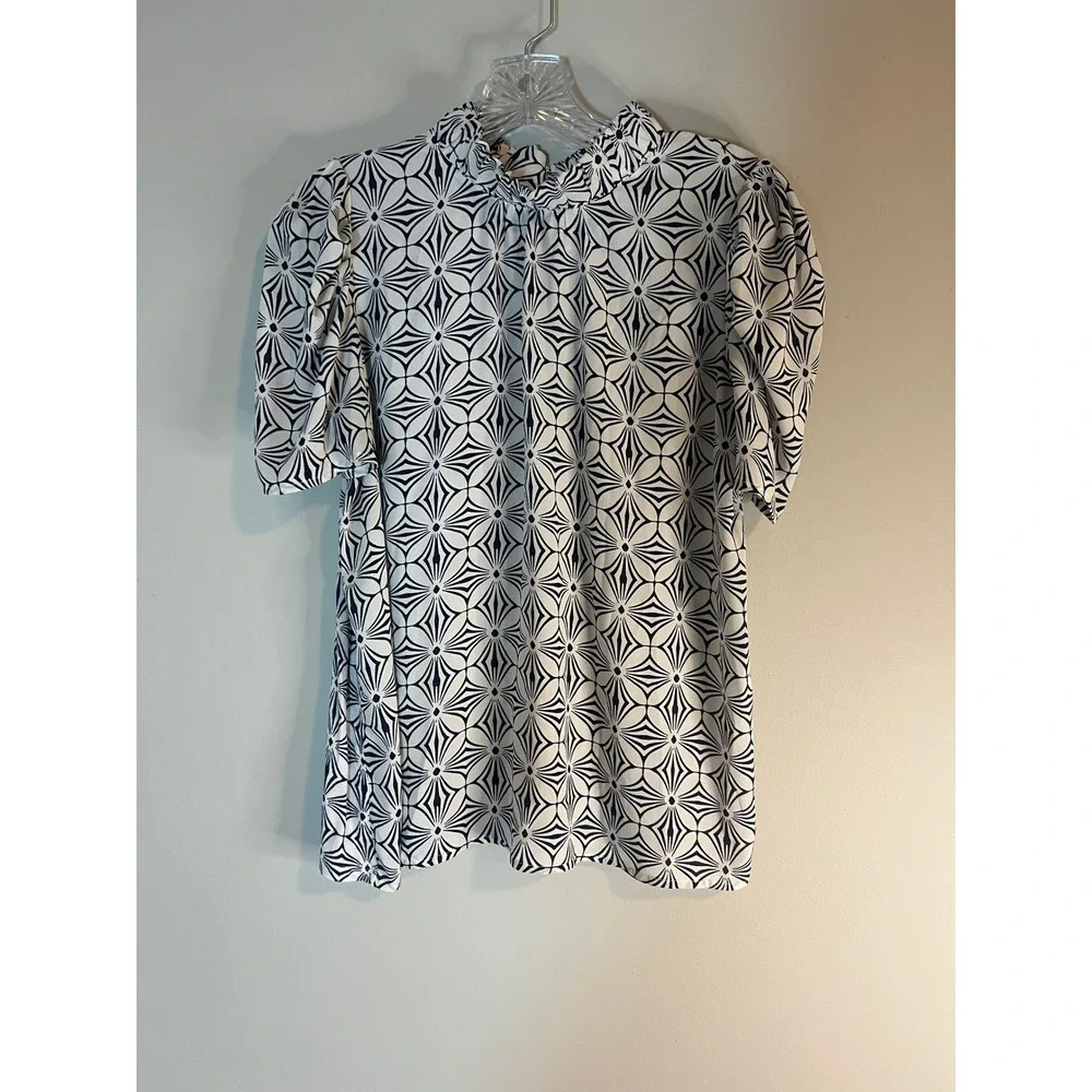 LOFT Navy White Geometric Starburst Puff Sleeve Mock Neck Ruffle Blouse Small